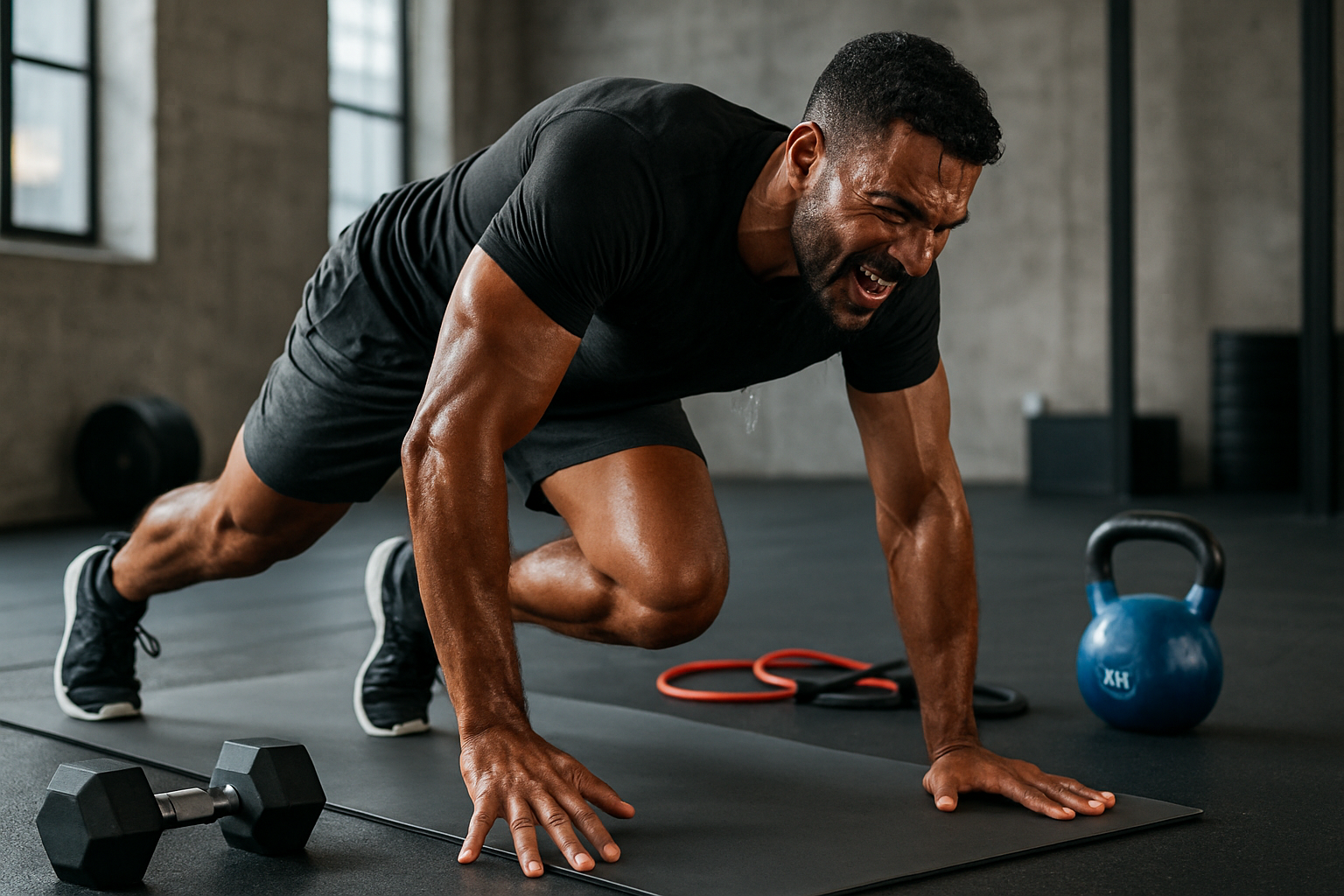 vidéos court d'un homme faisant du sport intansse sur un tapix de sport avec des équipement de tapis 
